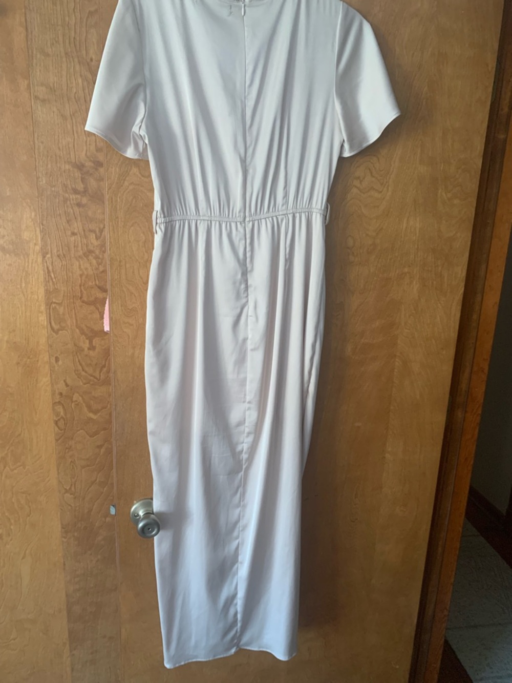 Simple Women's beige Maxi Dress with Short Sleeves and belt tie